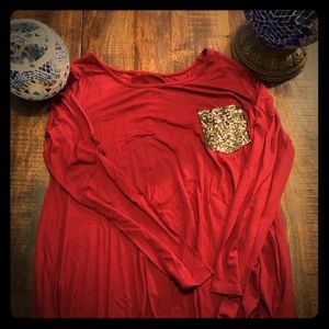 Boutique red glitter pocket shirt